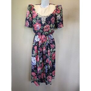 Jodi Michaels Floral Dress‎ Lace Collar Cottagecore Midi Dress Size 7/8 vintage